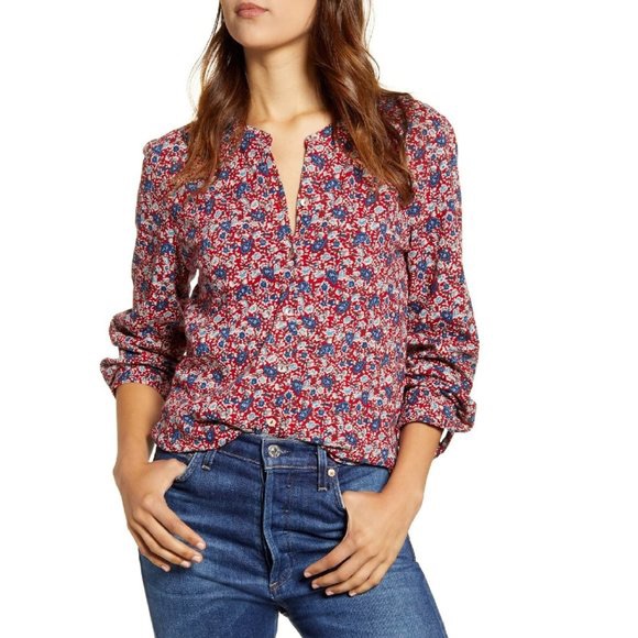 Lucky Brand Red Floral Roll Tab Top